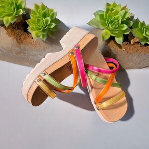 Vtg Y2K Coaster Chunky Heel Platform Sandals Size 8 Retro Strappy 2000s Rainbow